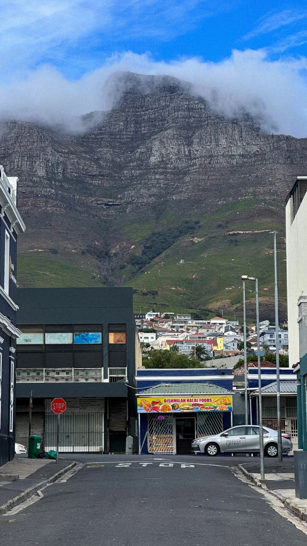 A mountain rising above a city street