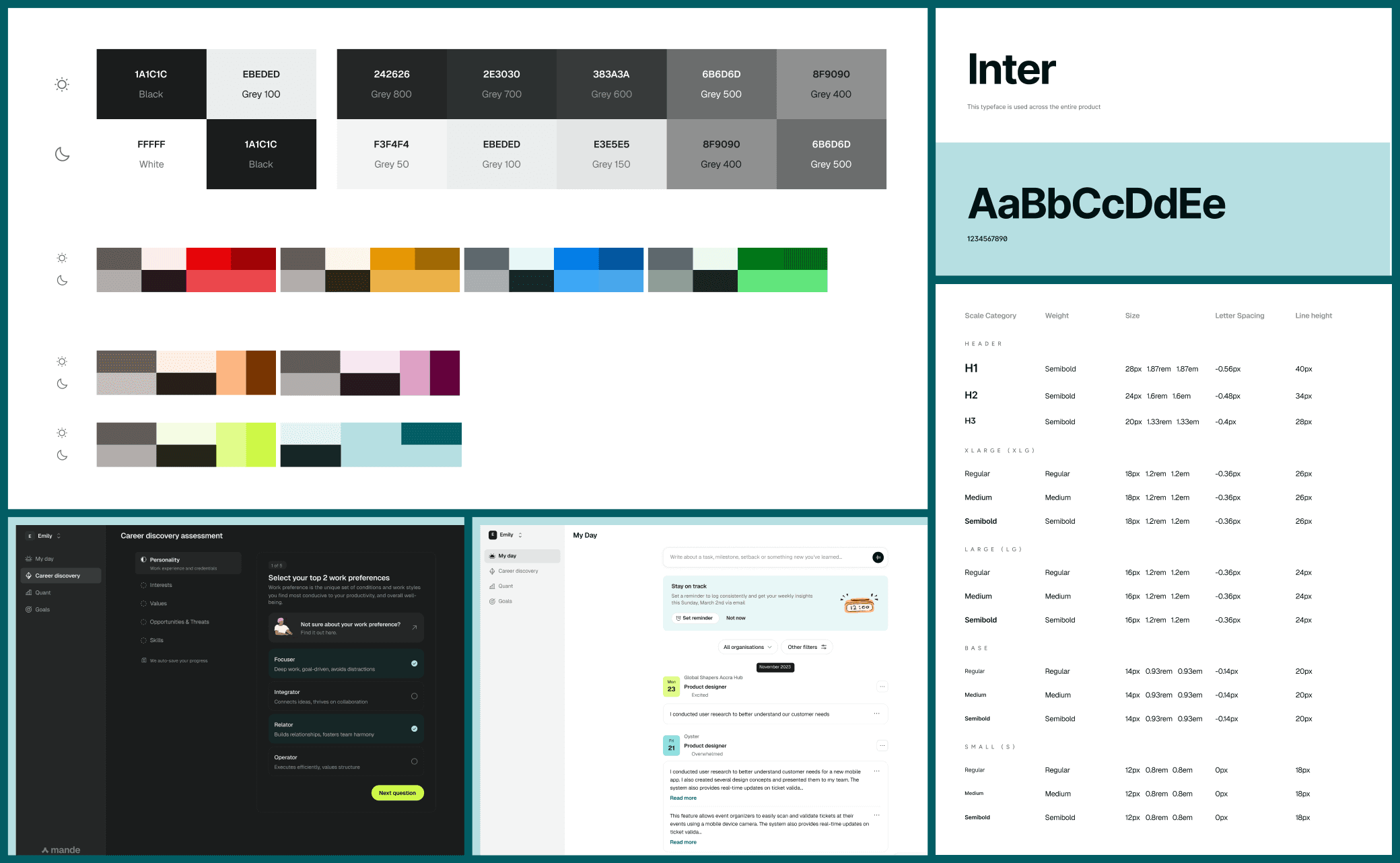 Mande design system: light and dark color palettes, Inter typography and type scale, and career discovery screens