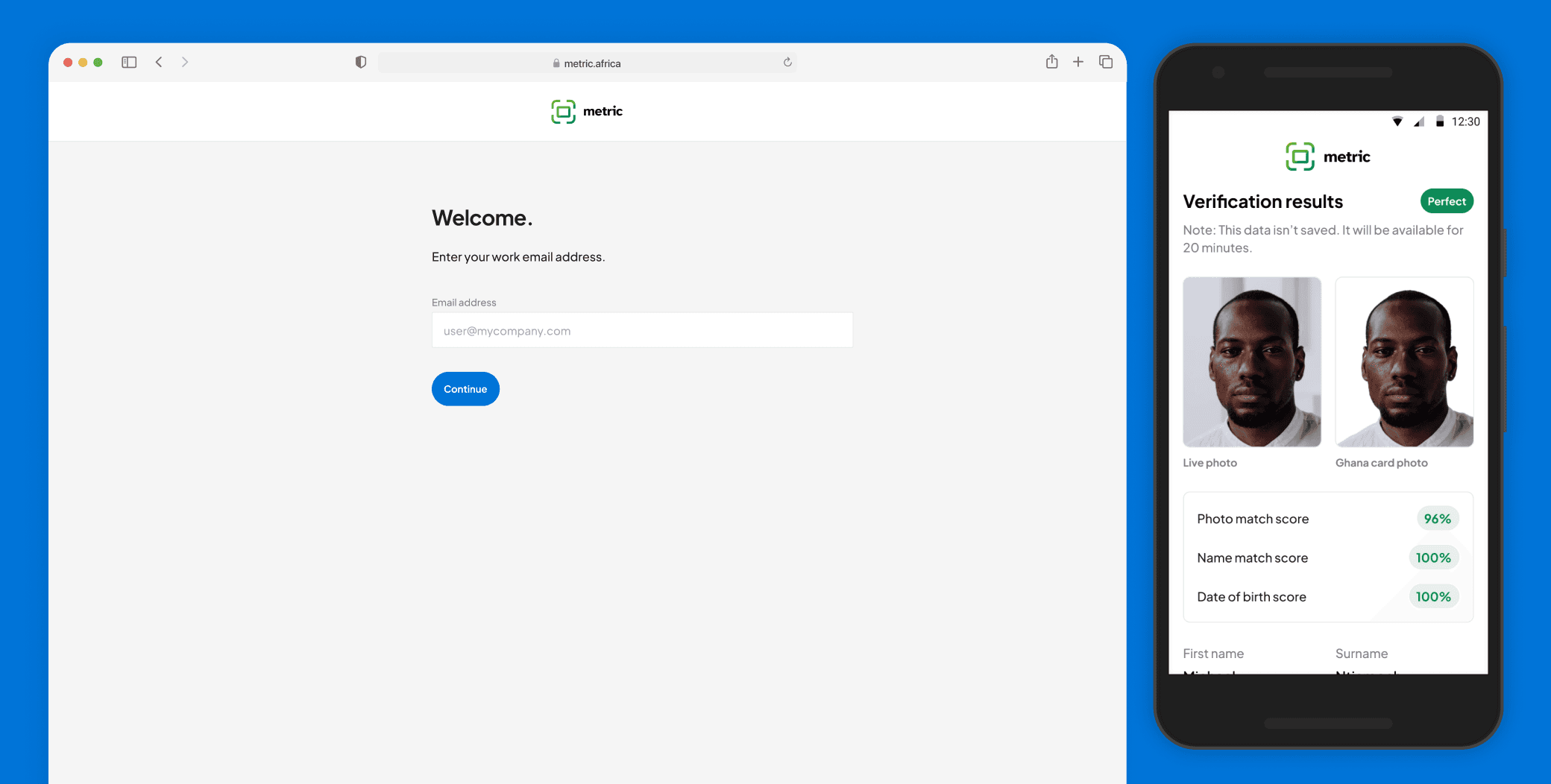 Metric Identity web sign-in screen and mobile biometric identity verification results