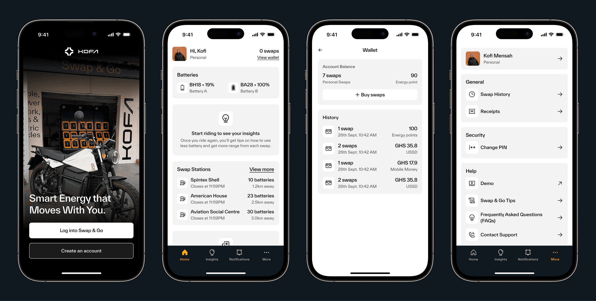 Kofa Swap and Go onboarding, nearby swap stations, wallet, and account screens displayed on four iPhones